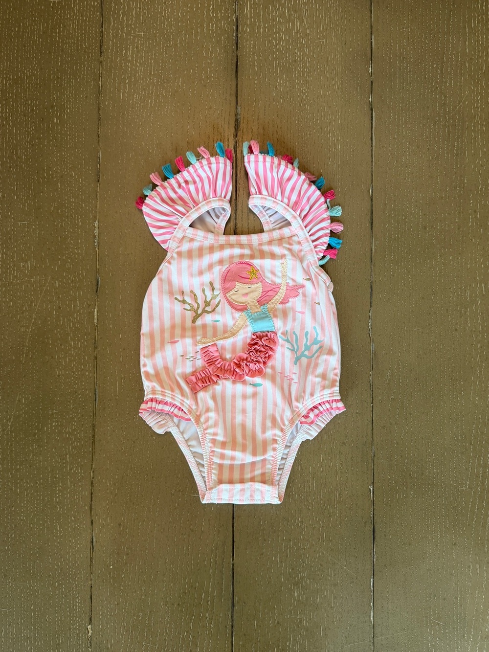 Mudpie Newborn Girls’ Pastel Pink Stripe Mermaid One-Piece Swimsuit • Size 6-9M